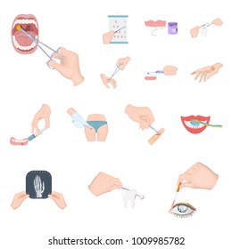 Manipulation by hands cartoon icons in set collection for design. Hand movement in medicine vector symbol stock web illustration.