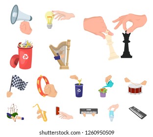 Manipulation by hands cartoon icons in set collection for design. Hand movement vector symbol stock web illustration.