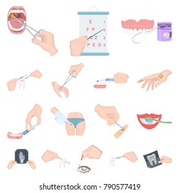Manipulation by hands cartoon icons in set collection for design. Hand movement in medicine vector symbol stock web illustration.