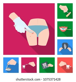 Manipulation by hands flat icons in set collection for design. Hand movement in medicine vector symbol stock web illustration.