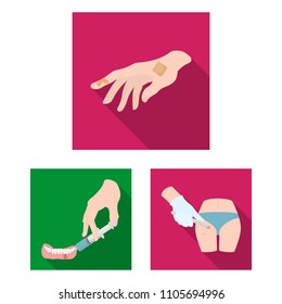 Manipulation by hands flat icons in set collection for design. Hand movement in medicine vector symbol stock web illustration.