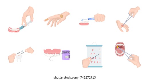 Manipulation by hands icons in set collection for design. Hand movement in medicine vector symbol stock web illustration.