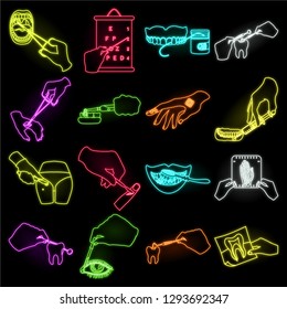Manipulation by hands neon icons in set collection for design. Hand movement in medicine vector symbol stock web illustration.