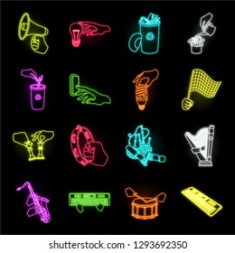 Manipulation by hands neon icons in set collection for design. Hand movement vector symbol stock web illustration.