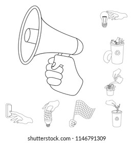 Manipulation by hands outline icons in set collection for design. Hand movement vector symbol stock web illustration.