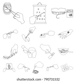 Manipulation by hands outline icons in set collection for design. Hand movement in medicine vector symbol stock web illustration.