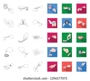 Manipulation by hands outline,flat icons in set collection  design. Hand movement in medicine vector symbol stock web illustration.