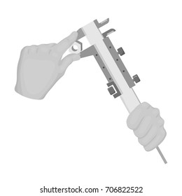 Manipulation with calipers. Measuring instrument, caliper single icon in monochrome style vector symbol stock illustration web.