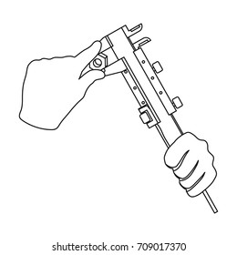 Manipulation with calipers. Measuring instrument, caliper single icon in outline style vector symbol stock illustration web.