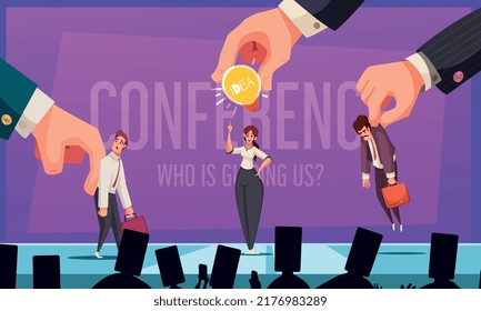 Caricatura de manipulación ilustración vectorial con personas en escena manipuladas por manos de titiriteros gigantes y espectadores con smartphones en lugar de cabeza