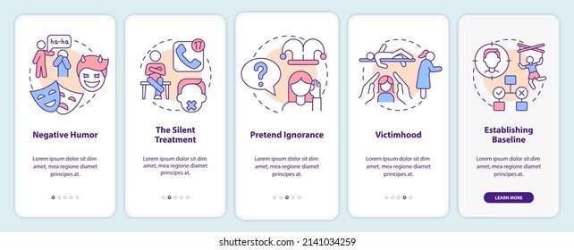 Manipulation cases onboarding mobile app screen. Silent treatment walkthrough 5 steps graphic instructions pages with linear concepts. UI, UX, GUI template. Myriad Pro-Bold, Regular fonts used