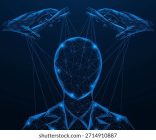 Manipulación de la conciencia cognitiva. Manos con cuerdas de marionetas controlando la mente humana. El concepto de control de la información y la dependencia humana de los sistemas digitales.