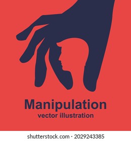 Manipulation concept black icon. Silhouette abuse of power. Vector illustration flat cartoon. Hand of puppeteer holding a little businessman. Control workers.