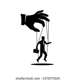 Manipulation concept black icon. Worker on ropes. Silhouette abuse of power. Vector illustration flat cartoon. Hand of puppeteer holding a little businessman on a leash. Control workers.
