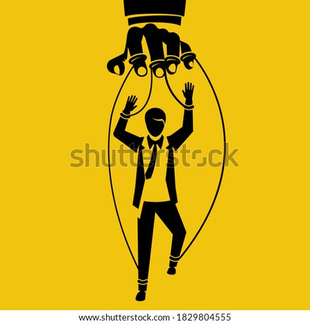 Manipulation concept black icon. Worker on ropes. Silhouette abuse of power. Vector illustration flat cartoon. Hand of puppeteer holding a little businessman on a leash. Control workers.