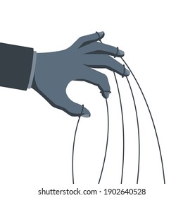 Manipulation concept. Manipulator's hand with ropes in gray. Abuse of power. Vector illustration flat cartoon. Hand of puppeteer. Control workers.
