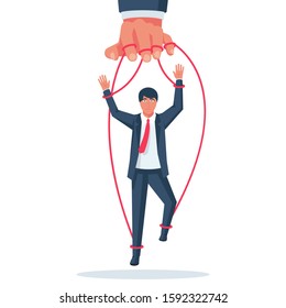 Manipulation Concept. Worker On Ropes. Abuse Of Power. Vector Illustration Flat Cartoon. Hand Of Puppeteer Holding A Little Businessman On A Leash. Control Workers.