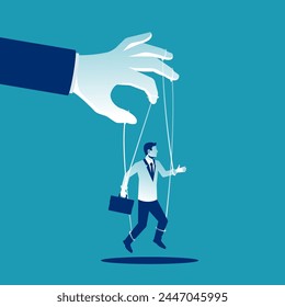 Manipulationskonzept. Arbeiter an Seilen. Machtmissbrauch. In: Vektorillustration Flat Cartoon. Hand des Puppenspielers, der einen kleinen Geschäftsmann an der Leine hält. Kontrolleure.