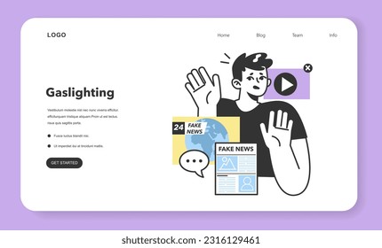 Manipulation and control over people by fake news web banner or landing page. Medis influencing and manipulating character. Propaganda and internet fakes. Flat vector illustration