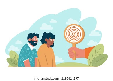 Manipulación y control sobre el concepto de personas. Las manos de los maestros de marionetas influyen en las marionetas y manipulan a los personajes. Propaganda y idea de adicción a internet. Ilustración vectorial plana