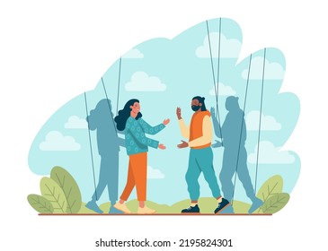 Manipulation and control over people concept. Puppet masters' hands influencing marionettes and manipulating characters. Propaganda and internet addiction idea. Flat vector illustration