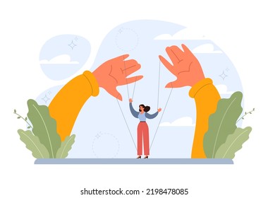 Manipulation and control over people concept. Puppet masters' hands influencing marionettes and manipulating characters. Propaganda and internet addiction idea. Flat vector illustration