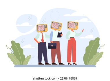 Manipulation and control over people concept. Puppet masters' hands influencing marionettes and manipulating characters. Propaganda and internet addiction idea. Flat vector illustration