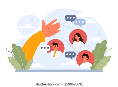 Manipulación y control sobre el concepto de personas. Las manos de los maestros de marionetas influyen en las marionetas y manipulan a los personajes. Propaganda y idea de adicción a internet. Ilustración vectorial plana