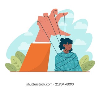 Manipulation and control over people concept. Puppet masters' hands influencing marionettes and manipulating characters. Propaganda and internet addiction idea. Flat vector illustration