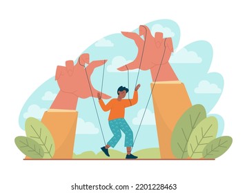 Manipulación y control sobre el concepto de personas. Las manos de los maestros de marionetas influyen en las marionetas y manipulan a los personajes. Propaganda y idea de adicción a internet. Ilustración vectorial plana