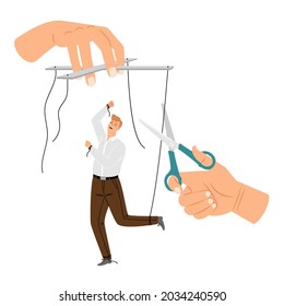 Separación de manipulación. Liberación de títeres humanos, liberación de hombres de negocios, uso libre de marionetas de empleados de oficina, cadenas de manipulación de empleadores tijeras rompen ilustración vectorial en blanco