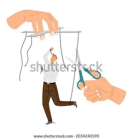 Manipulation detach. Human puppet release, business man liberation, office employee marionette free, employer manipulation strings scissors break vector illustration on white