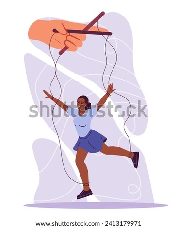 Manipulation of doll concept. Woman at string, puppet. Psychological abuse and mental problems. Bad relations and boss. Cartoon flat vector illustration isolated on white background