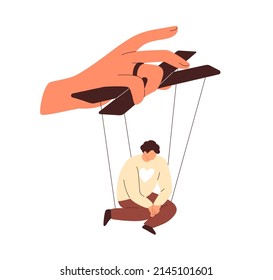 Manipulation, domination concept. Person puppet obeying to master, authority. Helpless marionette slave under control, pressure of power. Flat vector illustration isolated on white background.