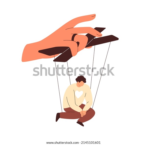 Manipulation, domination concept. Person\
puppet obeying to master, authority. Helpless marionette slave\
under control, pressure of power. Flat vector illustration isolated\
on white\
background.