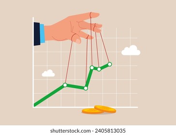 Manipulation economic growth in economy. Manipulating economy with string. Flat vector illustration