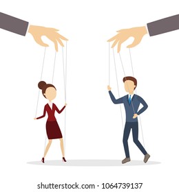 Manipulation of employees. Hands holding puppet strings with man and woman.