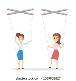 Manipulation of employees. Hands holding puppet strings with women.
