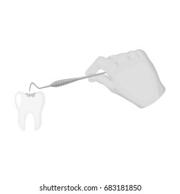 Manipulation, gesture of the hand of the dentist with the instrument over the damaged tooth. Stomatology single icon in monochrome style vector symbol stock illustration web.