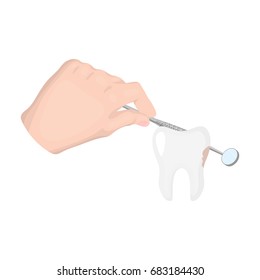 Manipulation, gesture of the hand of the dentist with the instrument over the damaged tooth. Stomatology single icon in cartoon style vector symbol stock illustration web.
