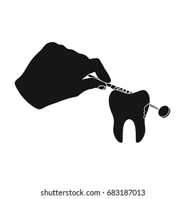Manipulation, gesture of the hand of the dentist with the instrument over the damaged tooth. Stomatology single icon in black style vector symbol stock illustration web.