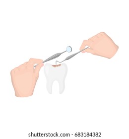 Manipulation, gesture of the hands of the dentist with the instrument over the damaged tooth. Stomatology single icon in cartoon style vector symbol stock illustration web.