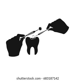 Manipulation, gesture of the hands of the dentist with the instrument over the damaged tooth. Stomatology single icon in black style vector symbol stock illustration web.