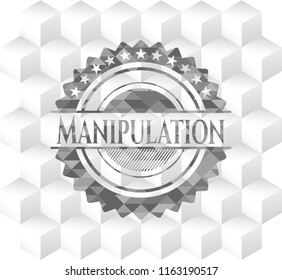 Manipulation grey badge with geometric cube white background