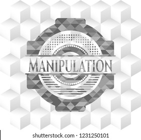 Manipulation grey badge with geometric cube white background