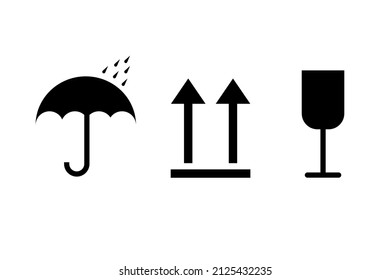 Icono de manipulación que muestra el lado derecho de las mercancías, protección contra la humedad y transporte de carga frágil. Ilustración vectorial. EPS 10