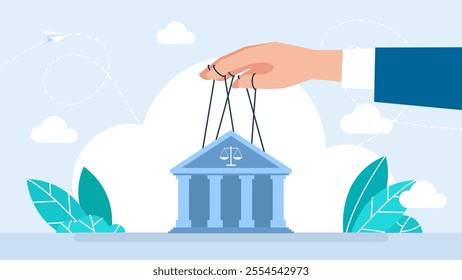 Manipulation, influence, illegal actions, bribery, and politics affect justice. Businessman manipulating the justice like a puppet. Judgement is corrupted manipulated by hand. Vector illustration