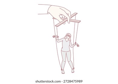 Manipulation and influence playing concept. Human hands golding young woman as marionette making her play role with strings vector illustration