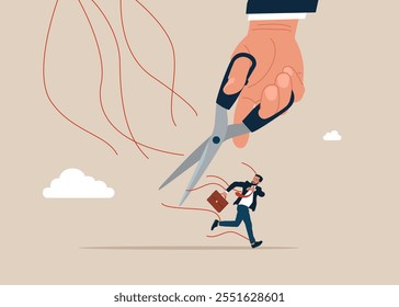 Manipulation marionette. Cuts the threads between the puppeteer and the puppet with scissors. Flat vector illustration