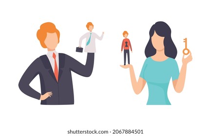Manipulation of People with Controlled Tiny Man on the Hand of Giant Woman Character Vector Set
